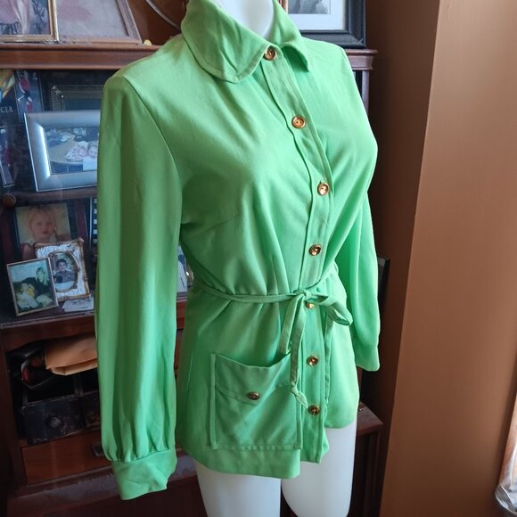 Medium Vintage 70's Lime Green Mod Button-Up Long Sleeve Blouse - Picture 3 of 7